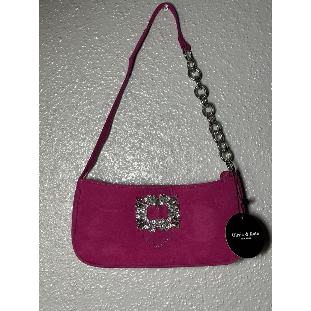 Olivia & Kate baguette handbag Silver Chain Strap Crystal Accent Zip Small pink